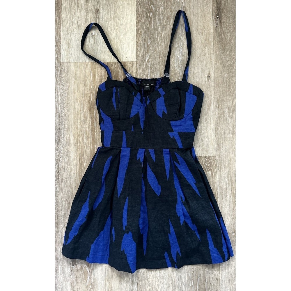 Twenty One Bustier Babydoll Top M Black Blue Open Back Tie Y2K Party Crop